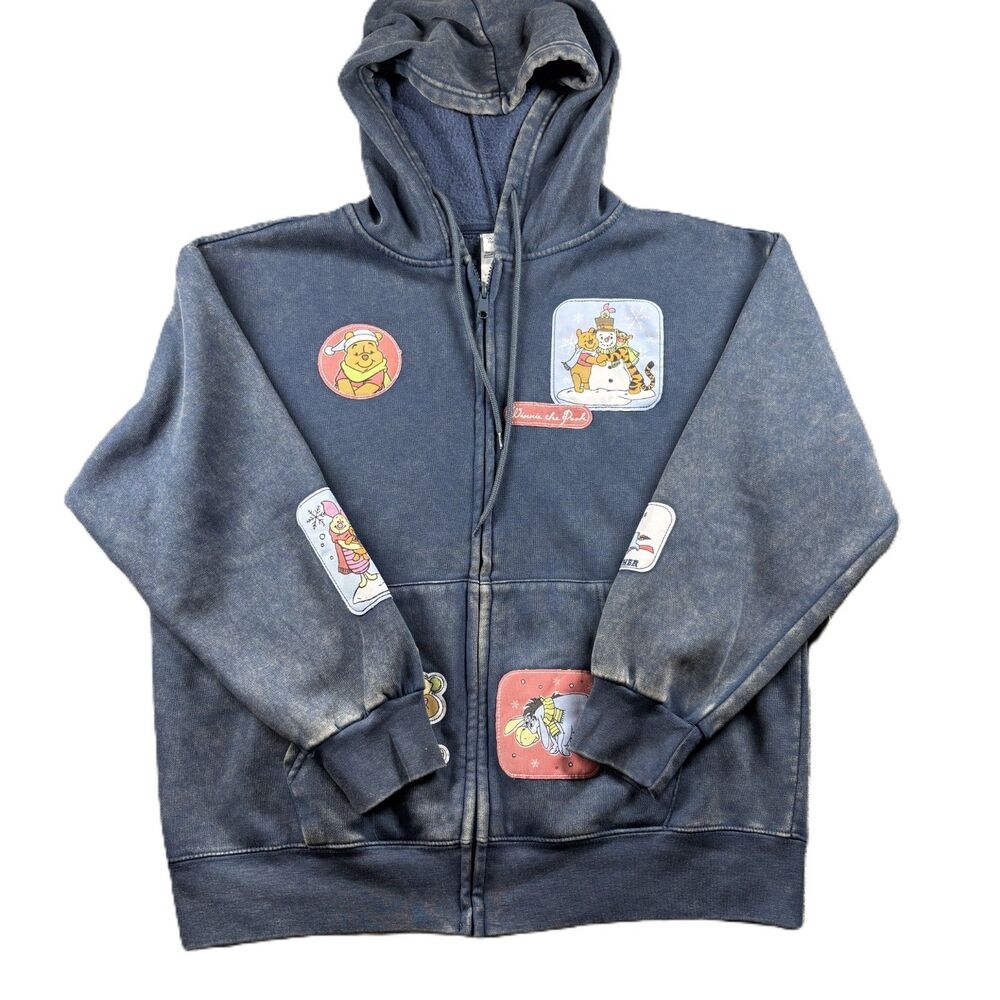 Disney Winnie the Pooh Women Hoodie NEW Full Zip Patches Distressed Blue XL P134